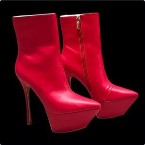 Red Platform Stiletto Heel Ankle Boots With Side Zipper Closure & Pointed Toe De